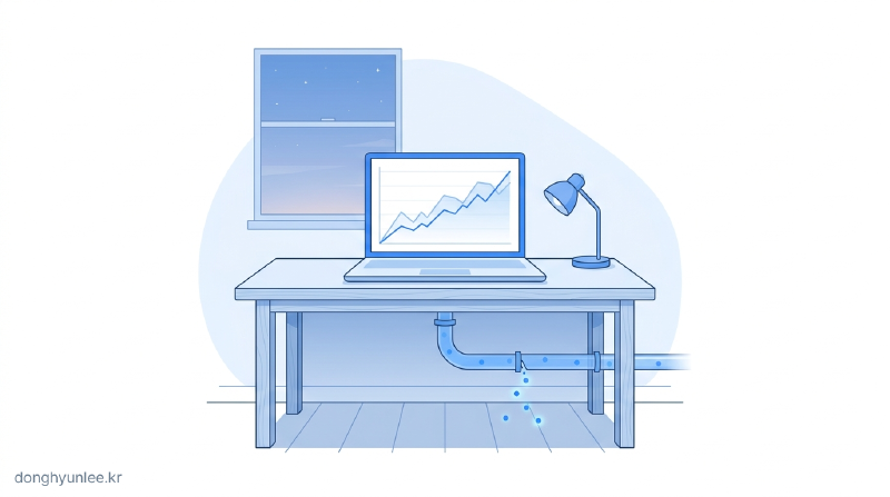 A laptop shows a polished chart while data quietly leaks away beneath it