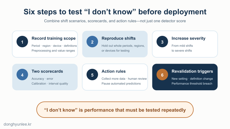 Six-step card for testing distribution shift before deployment: record scope, reproduce shifts, increase severity, use two scorecards, set action rules, and define revalidation triggers
