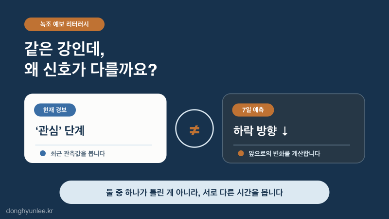 오늘의 조류경보와 7일 녹조 예측이 다를 때 무엇을 믿어야 하는지 묻는 카드